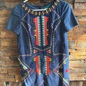Maeve Blue Geometric Embroidered Mini Dress